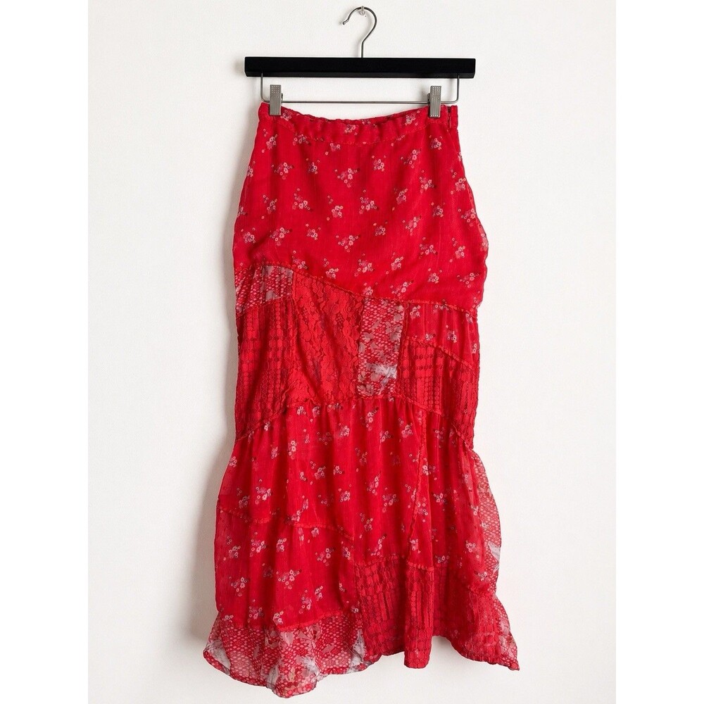 Free People Floral Lace Patchwork Midi Skirt Red Pink Boho XS